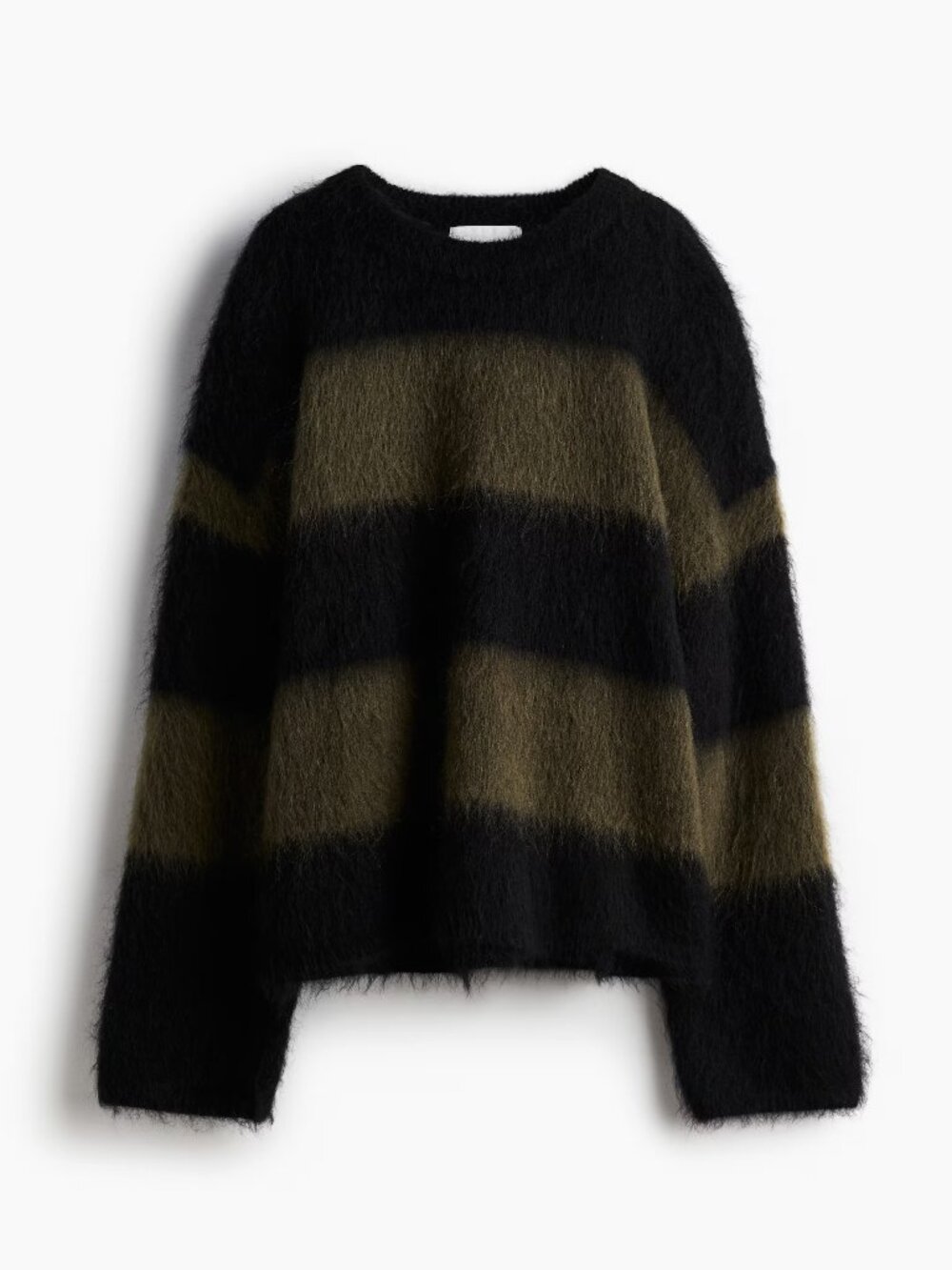 H&M Black Olive Striped Mohair Wool Knit Crew Neck Oversized Sweater, Size S